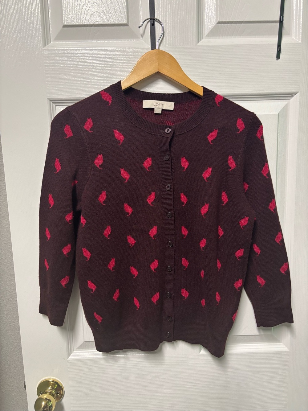 LOFT Burgundy Cardigan with Pink Leaf Motif